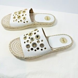 RAS Women White Espadrille Rhinestones Slide Sandals SZ 39 US9 New